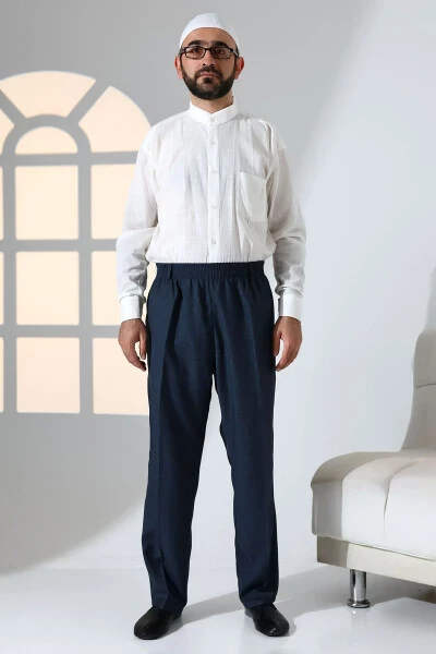 Men's Relaxed Fit Elastic Waist with Pockets Ihram and Umrah Fabric Pants - Navy Blue (ISR) - IHVAN ONLINE