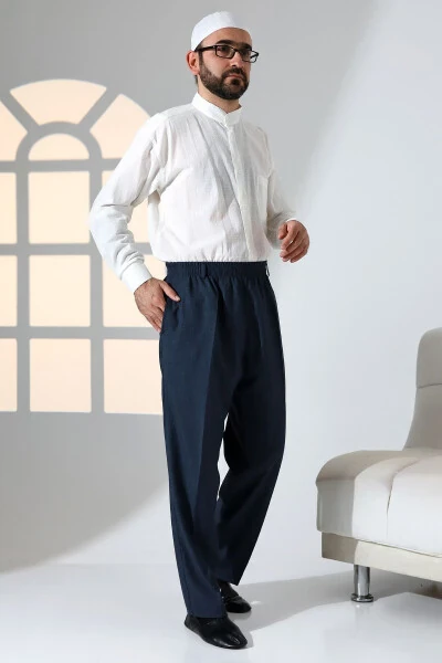 Men's Relaxed Fit Elastic Waist with Pockets Ihram and Umrah Fabric Pants - Navy Blue (ISR) - IHVAN ONLINE (1)