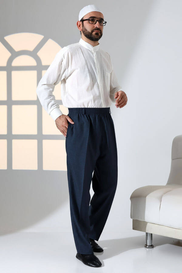 Men's Relaxed Fit Elastic Waist with Pockets Ihram and Umrah Fabric Pants - Navy Blue (ISR) - 2