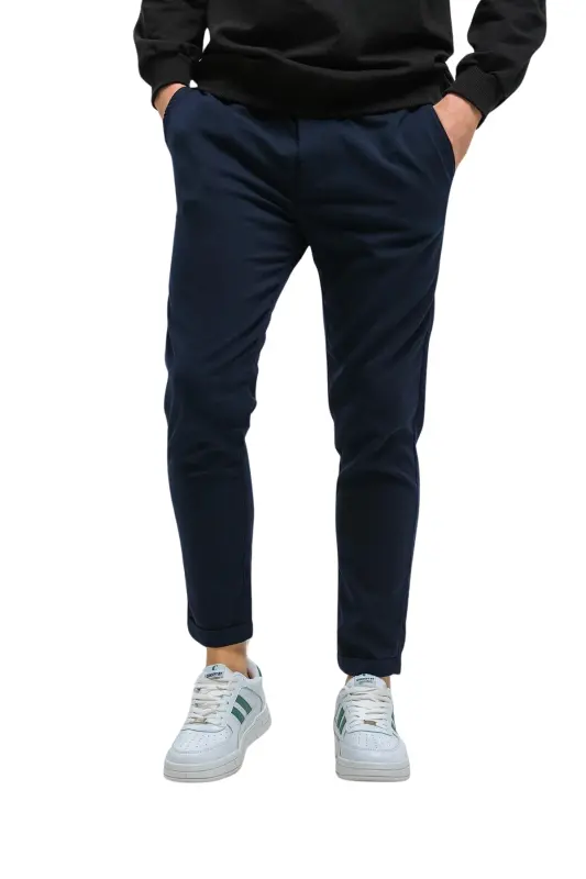 Men's Relaxed Fit Elastic Waistband Flexible Comfortable Woven Fabric Slim Fit Trousers-NAVY BLUE - 2
