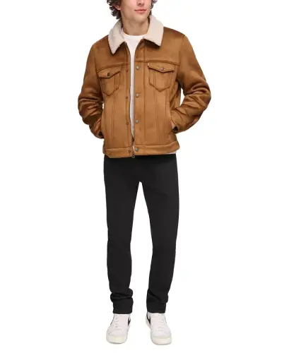 Men's Relaxed-Fit Faux-Shearling Trucker Jacket -Brown - 1