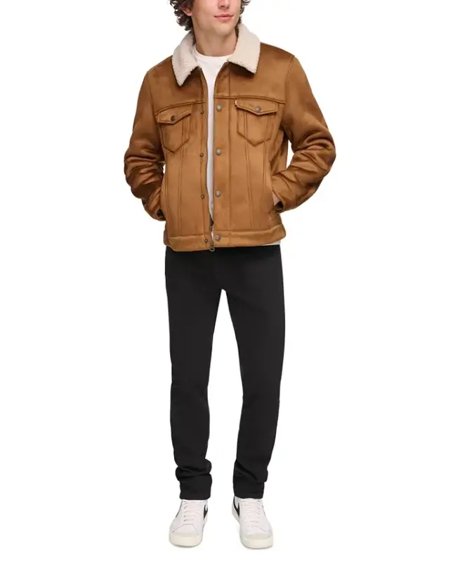 Men's Relaxed-Fit Faux-Shearling Trucker Jacket -Brown - LEVI'S