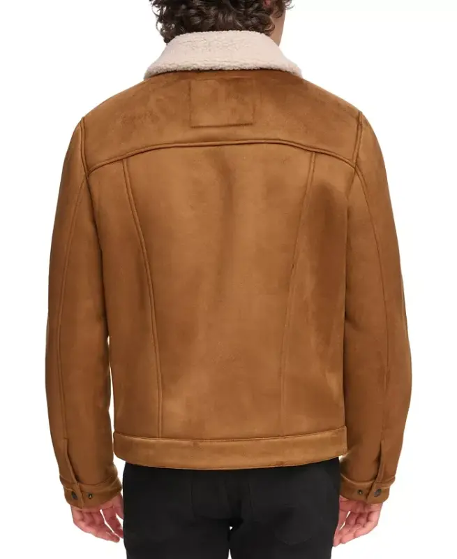 Men's Relaxed-Fit Faux-Shearling Trucker Jacket -Brown - 2