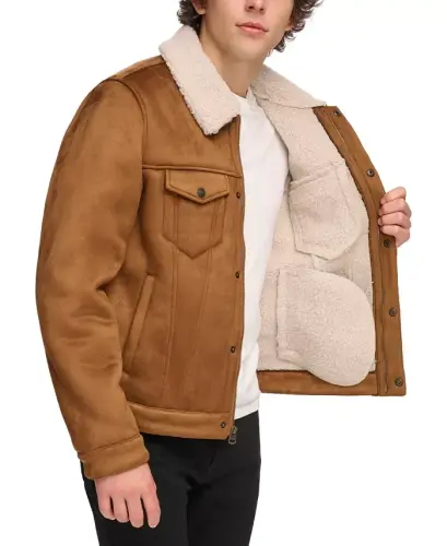 Men's Relaxed-Fit Faux-Shearling Trucker Jacket -Brown - 3