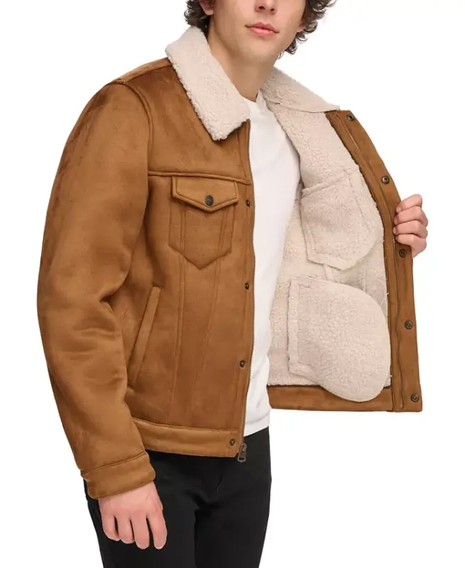 Men's Relaxed-Fit Faux-Shearling Trucker Jacket -Brown - 3