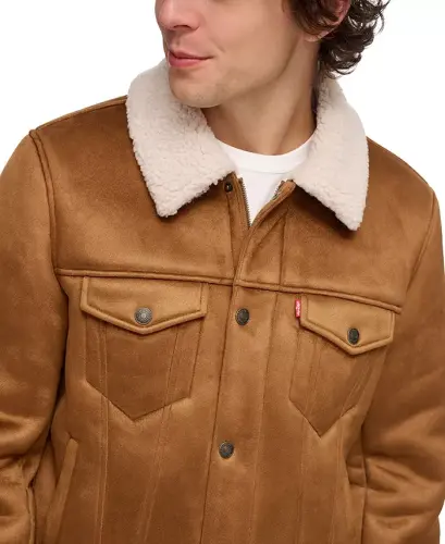 Men's Relaxed-Fit Faux-Shearling Trucker Jacket -Brown - 4