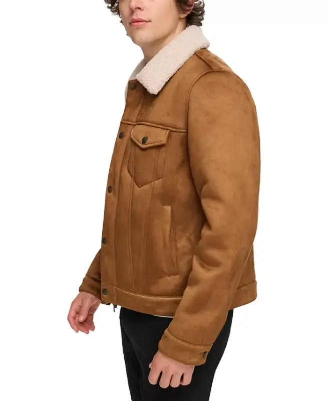 Men's Relaxed-Fit Faux-Shearling Trucker Jacket -Brown - 5