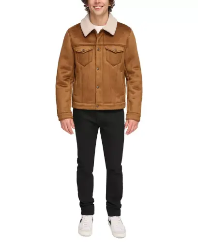 Men's Relaxed-Fit Faux-Shearling Trucker Jacket -Brown - 6