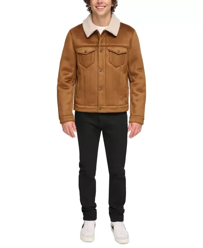 Men's Relaxed-Fit Faux-Shearling Trucker Jacket -Brown - 6