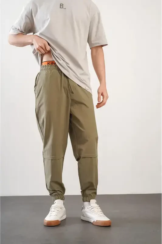 Men's Relaxed Fit Jogger Pants with Elastic Waist and Cuffs - Khaki - 4