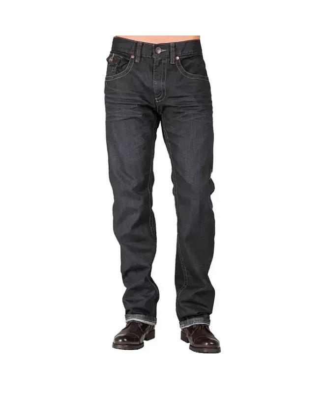 Men's Relaxed Straight Leg Premium Denim Jeans Black Coated Throwback Style Zipper Trim Pockets - 1