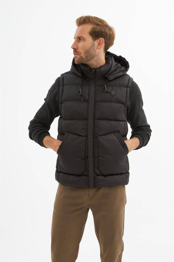 Men's Removable Hooded Pocket Detail Puffer Vest Black - 1