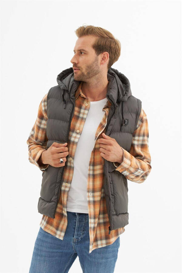 Men's Removable Hooded Pocket Detail Puffy Vest Anthracite - 10