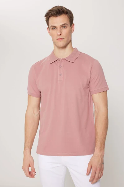 Men's Rose Ash %100 Cotton Non-Iron Pique Polo Collar Slim Fit Tapered T-Shirt - 7