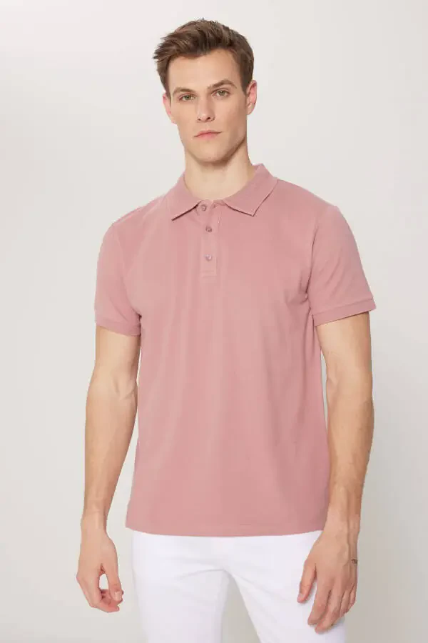 Men's Rose Ash %100 Cotton Non-Iron Pique Polo Collar Slim Fit Tapered T-Shirt - 7