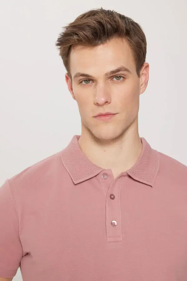 Men's Rose Ash %100 Cotton Non-Iron Pique Polo Collar Slim Fit Tapered T-Shirt - 8