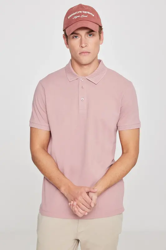 Men's Rose Ash %100 Cotton Non-Iron Pique Polo Collar Slim Fit Tapered T-Shirt - 2
