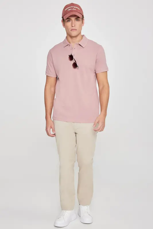 Men's Rose Ash %100 Cotton Non-Iron Pique Polo Collar Slim Fit Tapered T-Shirt - 4