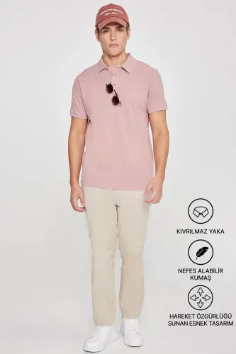 Men's Rose Ash %100 Cotton Non-Iron Pique Polo Collar Slim Fit Tapered T-Shirt - ALTINYILDIZ CLASSICS (1)