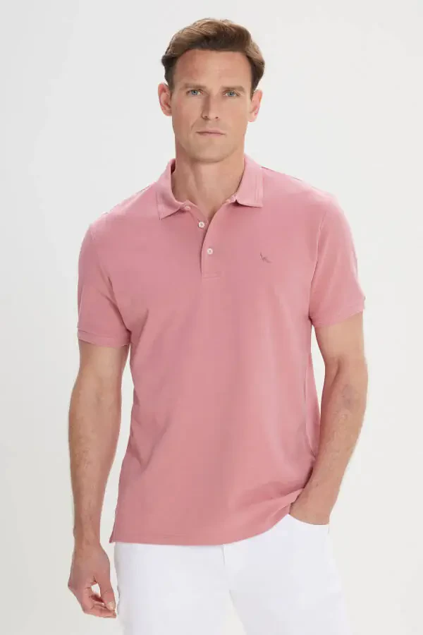 Men's Rose Slim Fit Narrow Cut Polo Collar 100% Cotton Short Sleeve T-Shirt - 1