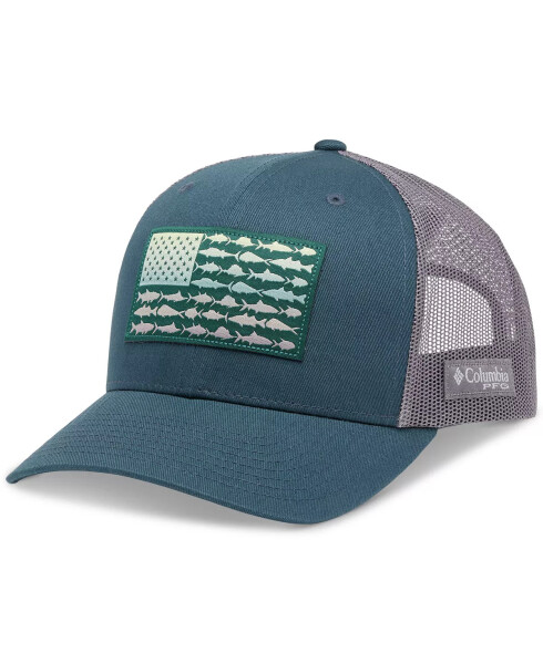 Men's Royal and White PFG Fish Flag COOLMAX Trucker Snapback Hat Midnight Teal, Kettle, Fish Flag - 1