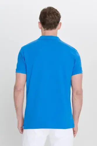 Men's Royal Blue 100% Cotton Wrinkle-Resistant Pique Polo Collar Slim Fit Narrow Cut T-Shirt-Royal Blue - 3