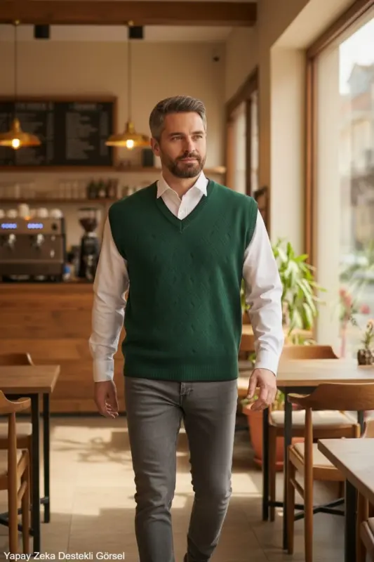 Men's Sage Green Non-Pilling Anti-Pilling Fabric Standard Fit Regular Cut V-Neck Knit Sweater - Sage Green - 3