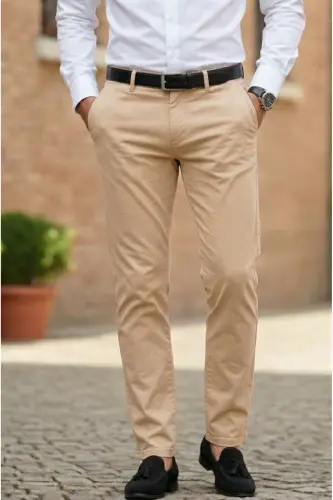 Men's Sand Gabardine Cotton Slim Fit Flexible Office Style Chino Pants - Cream 