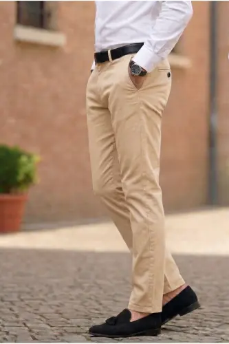 Men's Sand Gabardine Cotton Slim Fit Flexible Office Style Chino Pants - Cream - THESEASON (1)