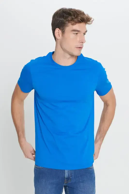 Men's Sax Blue 100% Cotton Slim Fit Crew Neck Basic T-Shirt-Sax Blue - 6