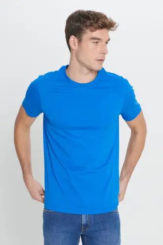 Men's Sax Blue 100% Cotton Slim Fit Crew Neck Basic T-Shirt-Sax Blue 