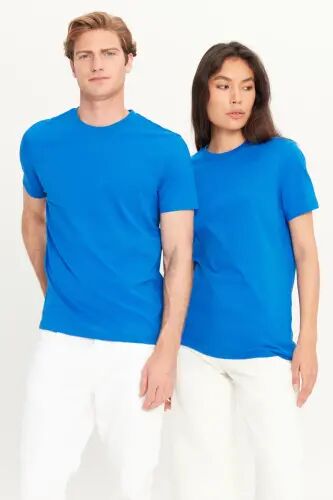 Men's Sax Blue 100% Cotton Slim Fit Crew Neck Basic T-Shirt-Sax Blue - 2