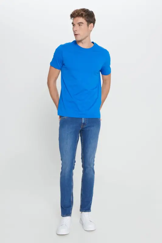 Men's Sax Blue 100% Cotton Slim Fit Crew Neck Basic T-Shirt-Sax Blue - 3