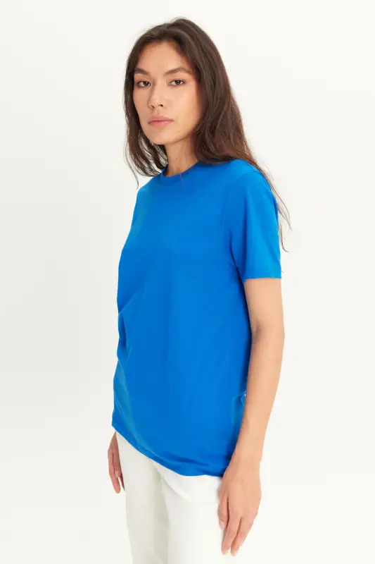 Men's Sax Blue 100% Cotton Slim Fit Crew Neck Basic T-Shirt-Sax Blue - 5