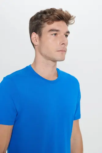 Men's Sax Blue 100% Cotton Slim Fit Crew Neck Basic T-Shirt-Sax Blue - 8