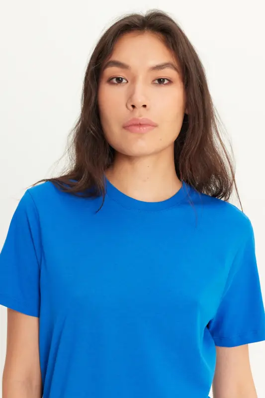 Men's Sax Blue 100% Cotton Slim Fit Crew Neck Basic T-Shirt-Sax Blue - MODAZONE