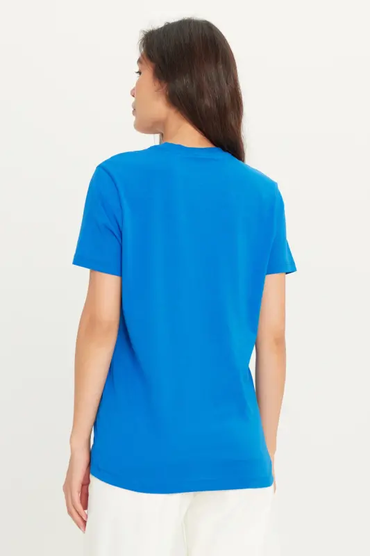 Men's Sax Blue 100% Cotton Slim Fit Crew Neck Basic T-Shirt-Sax Blue - 3