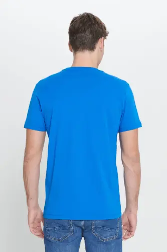 Men's Sax Blue 100% Cotton Slim Fit Crew Neck Basic T-Shirt-Sax Blue - 4