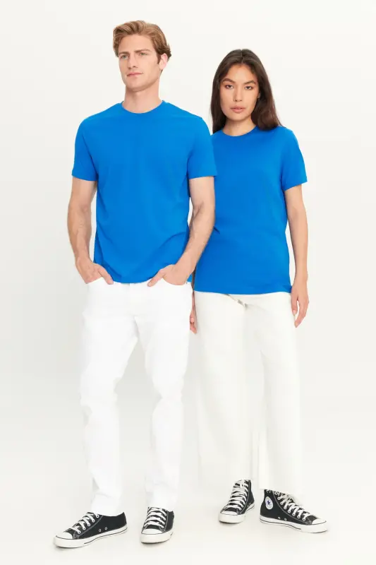 Men's Sax Blue 100% Cotton Slim Fit Crew Neck Basic T-Shirt-Sax Blue - 11