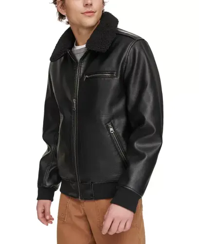 Men's Sherpa Collar Faux Leather Bomber Jacket - 3