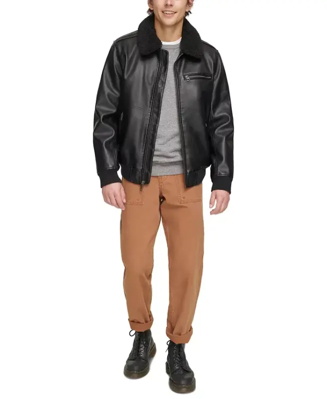 Men's Sherpa Collar Faux Leather Bomber Jacket - 5