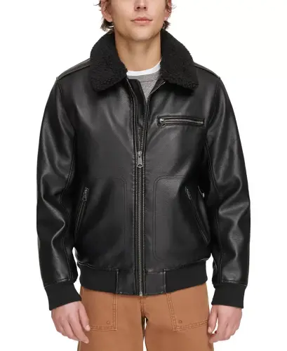 Men's Sherpa Collar Faux Leather Bomber Jacket - 1