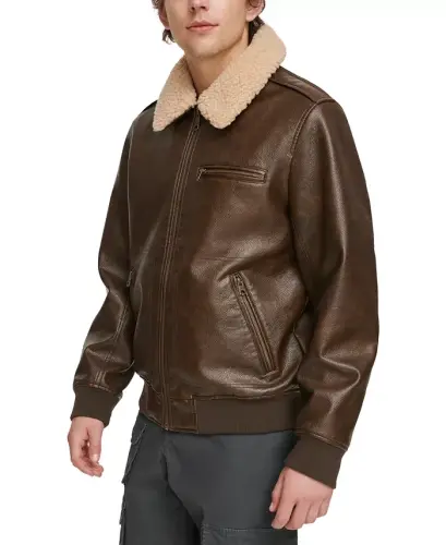 Men's Sherpa Collar Faux Leather Bomber Jacket - 3