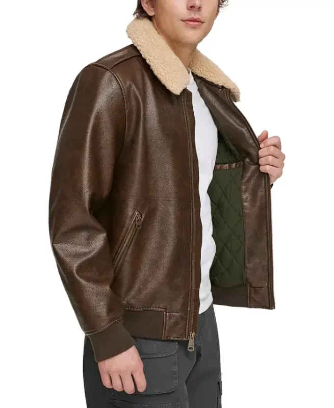 Men's Sherpa Collar Faux Leather Bomber Jacket - 4