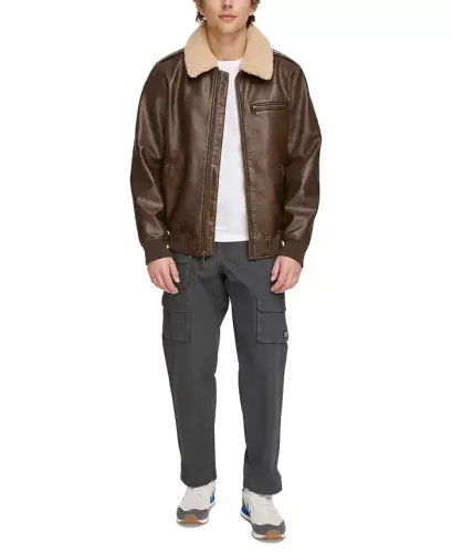 Men's Sherpa Collar Faux Leather Bomber Jacket - 5