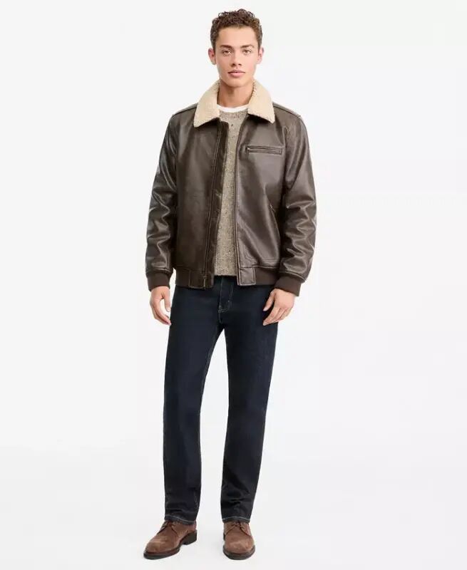 Men's Sherpa Collar Faux Leather Bomber Jacket - 1