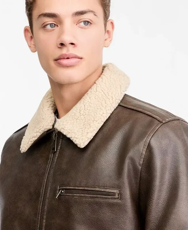 Men's Sherpa Collar Faux Leather Bomber Jacket - 3