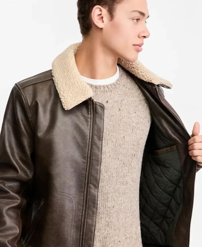 Men's Sherpa Collar Faux Leather Bomber Jacket - 4