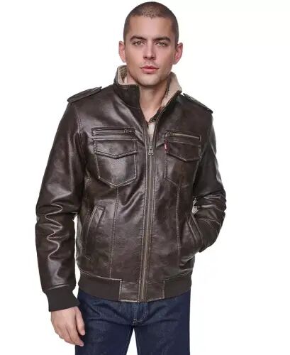 Men's Sherpa Lined Faux Leather Aviator Bomber Jacket - Brown - 1