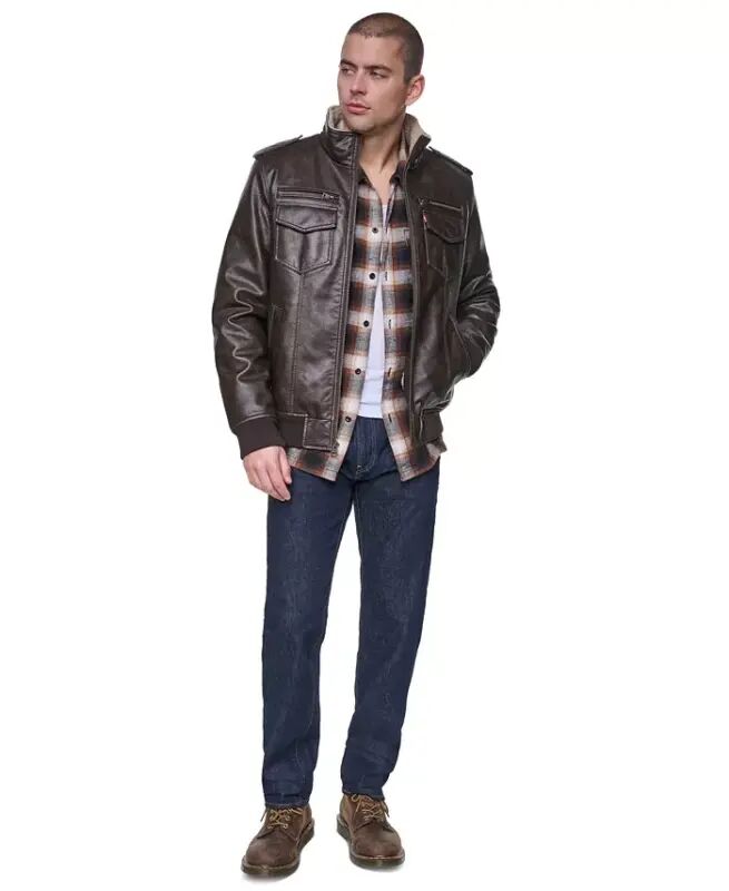 Men's Sherpa Lined Faux Leather Aviator Bomber Jacket - Brown - 2